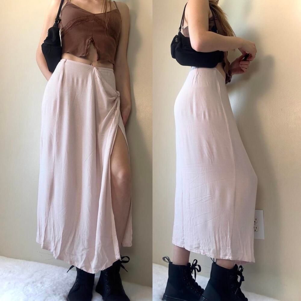 90s Express Campagnie Internationale Light Pink Rayon Slit Maxi Skirt - Small